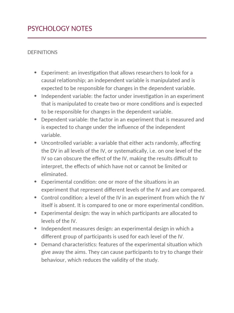 PSYCHOLOGY NOTES Learning Approach | PDF | Experiment | Self Report Study
