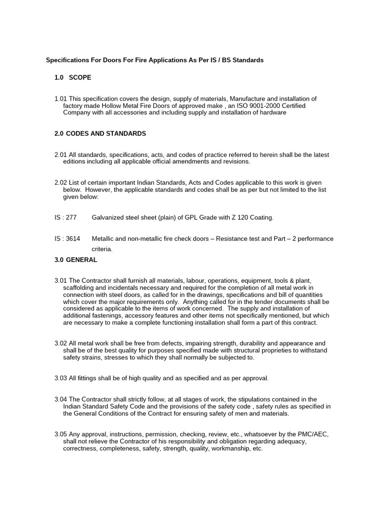 Fire Door Specifications per IS/BS Standards | PDF | Specification ...