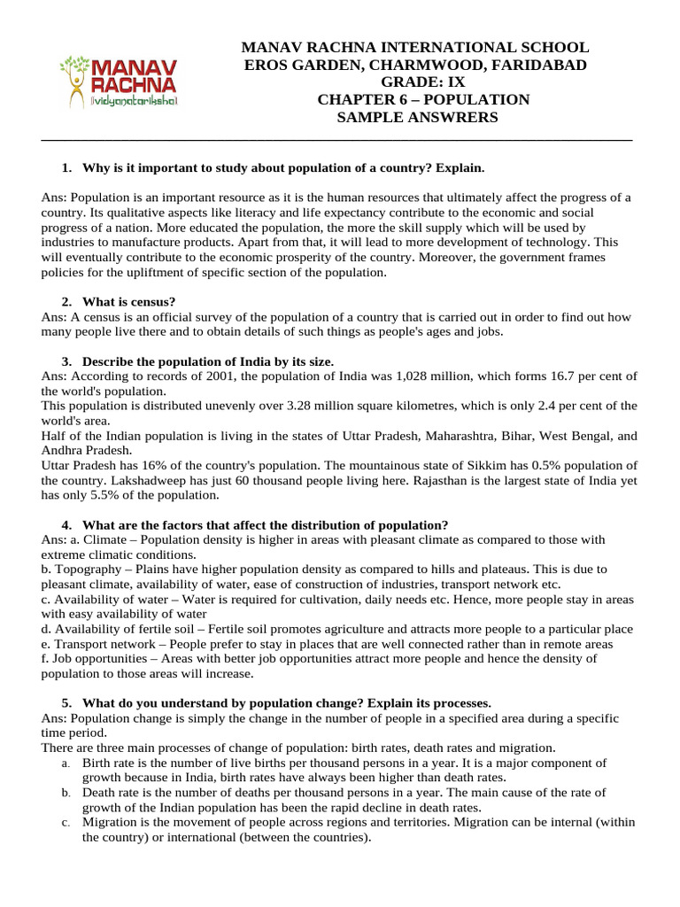 Population Study Guide for Grade IX | PDF | Human Migration | Economies