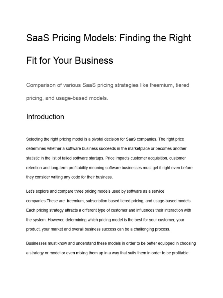 SaaS Pricing Models - Finding The Right Fit For Your Business | PDF ...