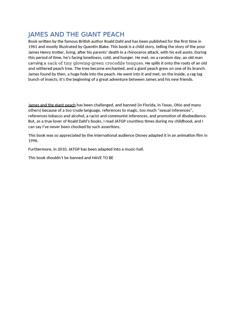 Reasons for Banning James and the Giant Peach PDF