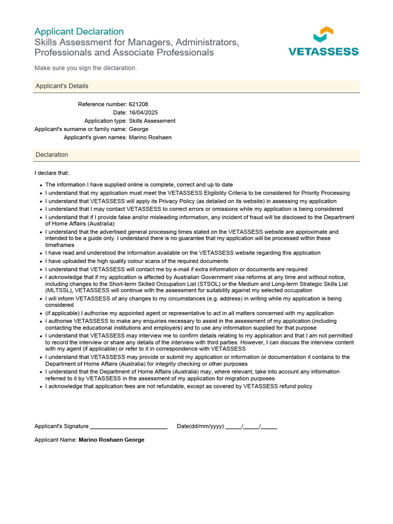 VETASSESS Applicant Declaration Form | PDF