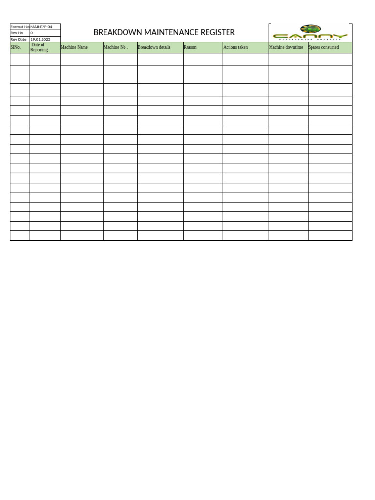 Breakdown Maintenance Register Format | PDF