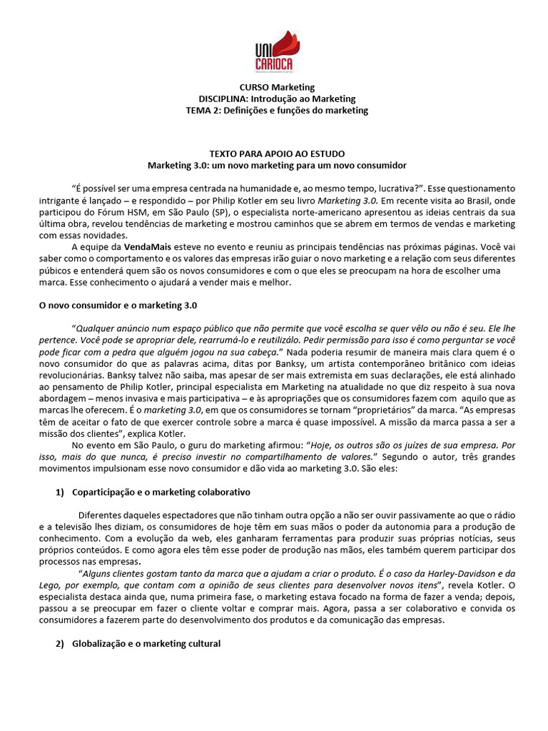 Introdução ao marketing tema 2 - TEXTO DE APOIO AO ESTUDO | PDF ...