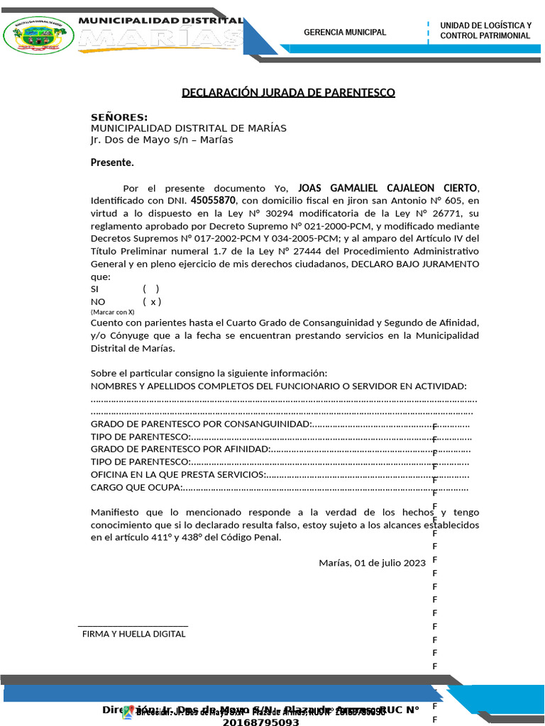 Declaración Jurada de Parentesco Municipal | PDF | Parentesco | Gobierno