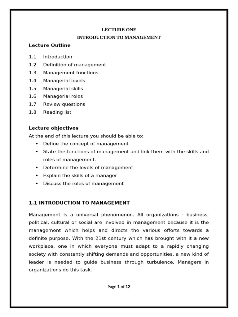 Introduction To Management Pdf Goal Skill