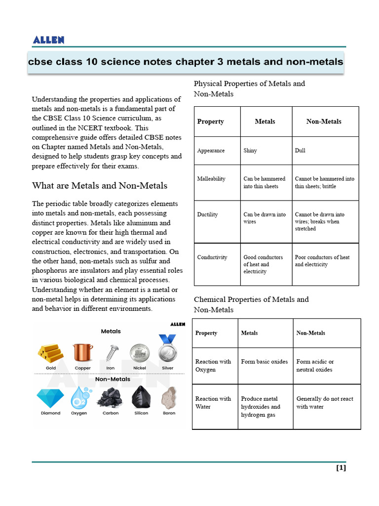 cbse+class+10+science+notes+chapter+3+metals+and+non-metals.docx | PDF ...