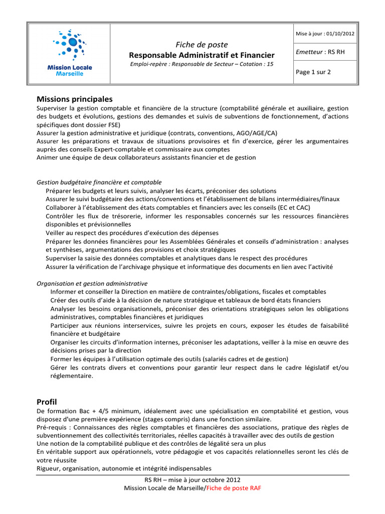 Fiche de poste : Responsable Administratif et Financier | PDF ...
