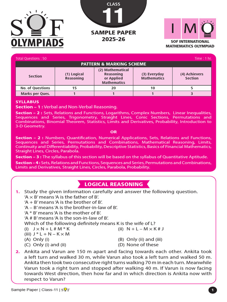 Class 11 Maths Olympiad Sample Paper | PDF | Mathematics