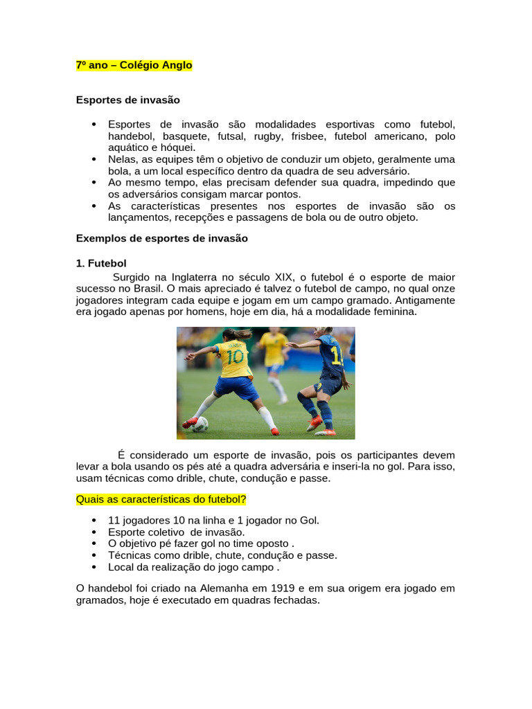 Esportes de Invasão: Tipos e Características | PDF | Futebol | Rugby