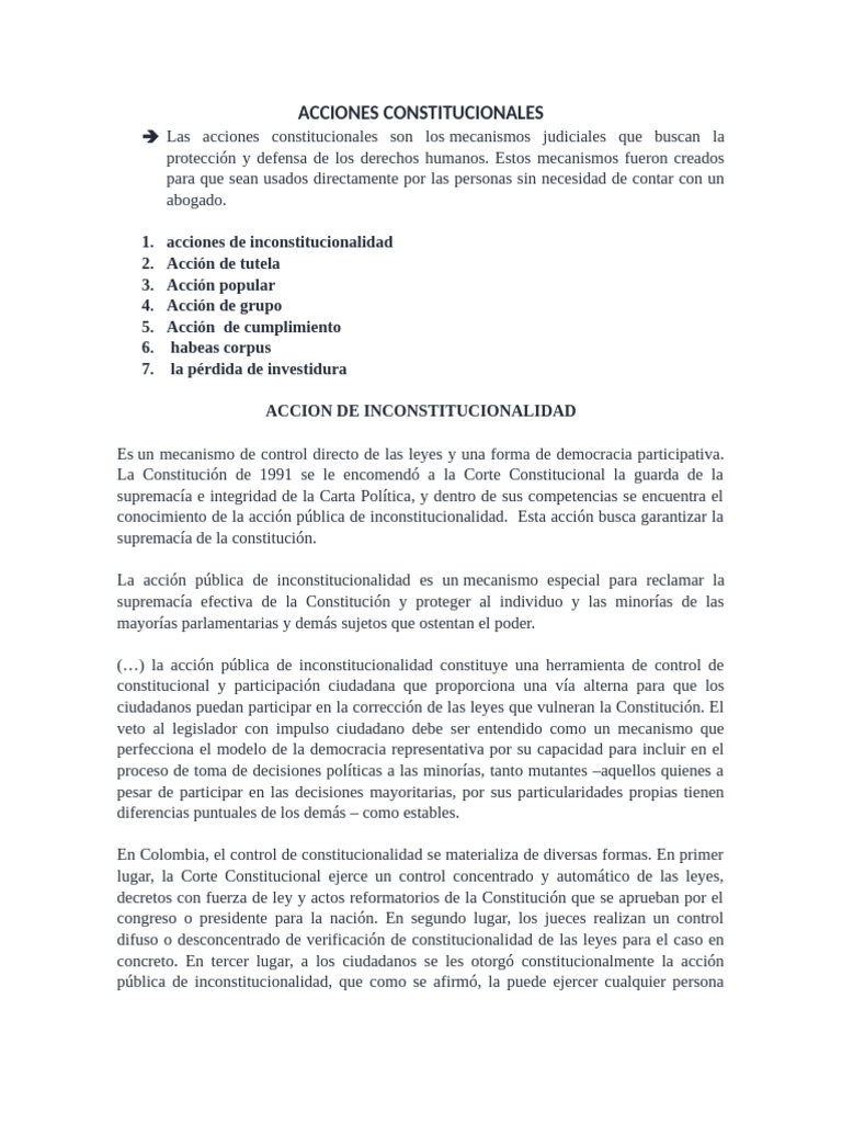 Acciones Constitucionales en Colombia | PDF | Habeas corpus | Derecho ...