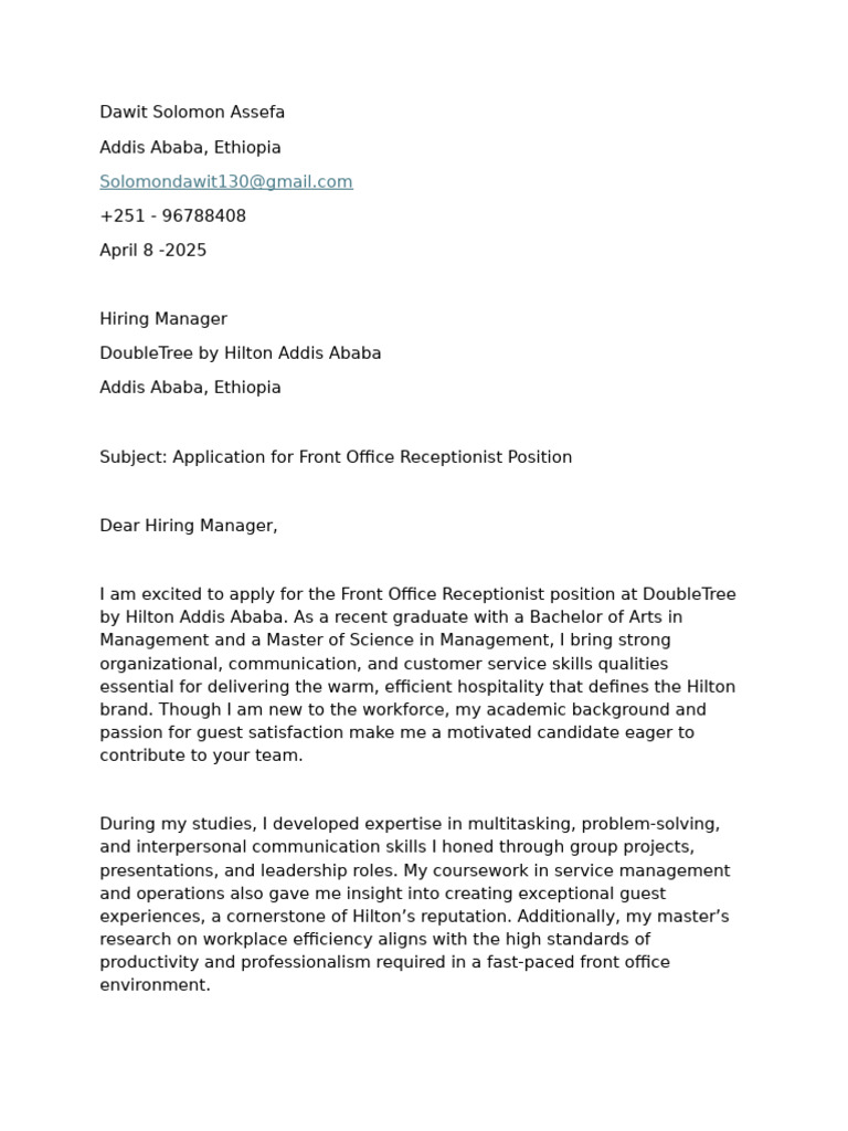 Document (22) Cover Letter For DoubleTree by Hilton Addis Ababa | PDF