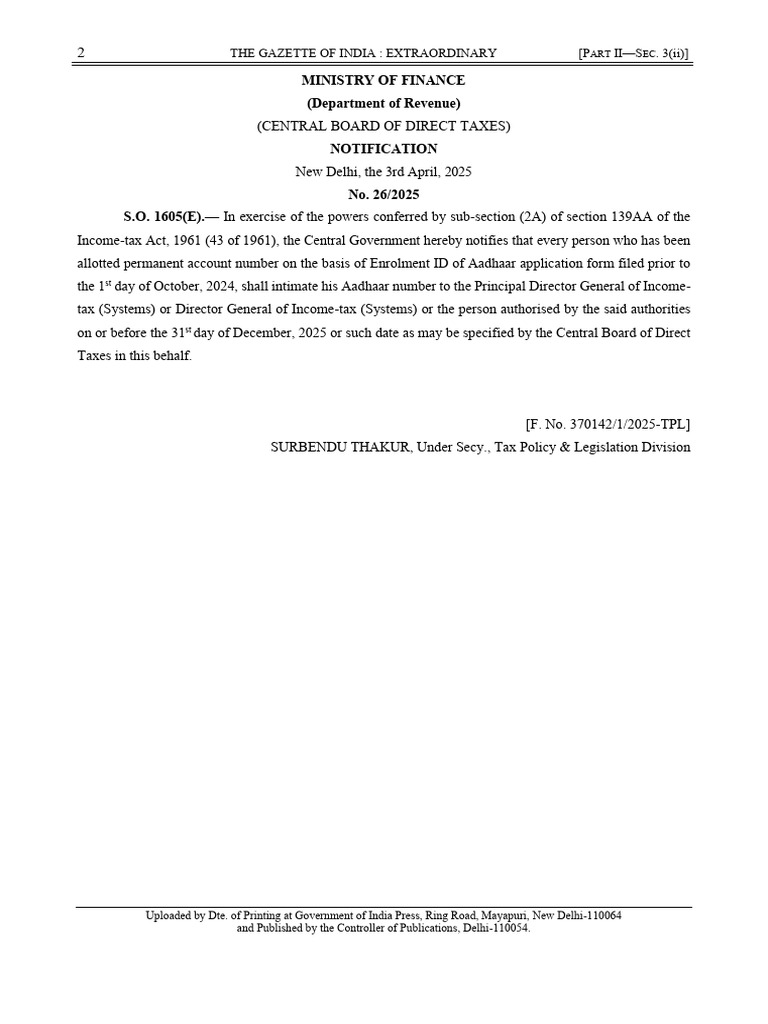 CBDT Notification on Aadhaar Compliance | PDF