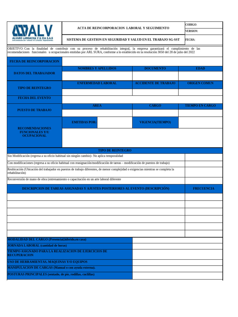 Acta de Reincorporación Laboral SG-SST | PDF | Empleo