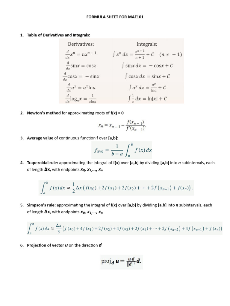 Formula Sheet For MAE101 12.2.2025 | PDF