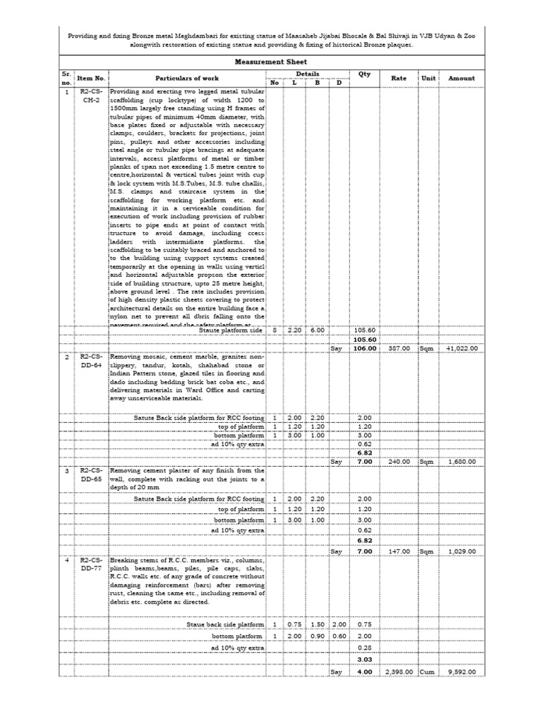 Meghdambari Construction Measurement Sheet | PDF | Concrete | Scaffolding