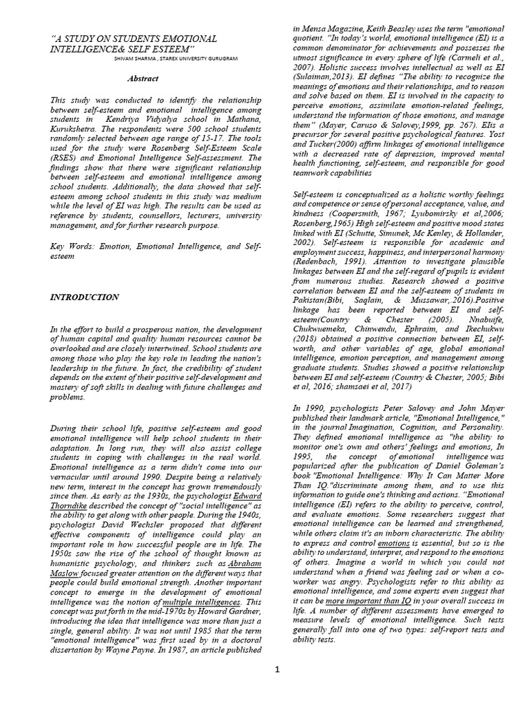 Emotional Intelligence and Self-Esteem Study | PDF | Emotional ...