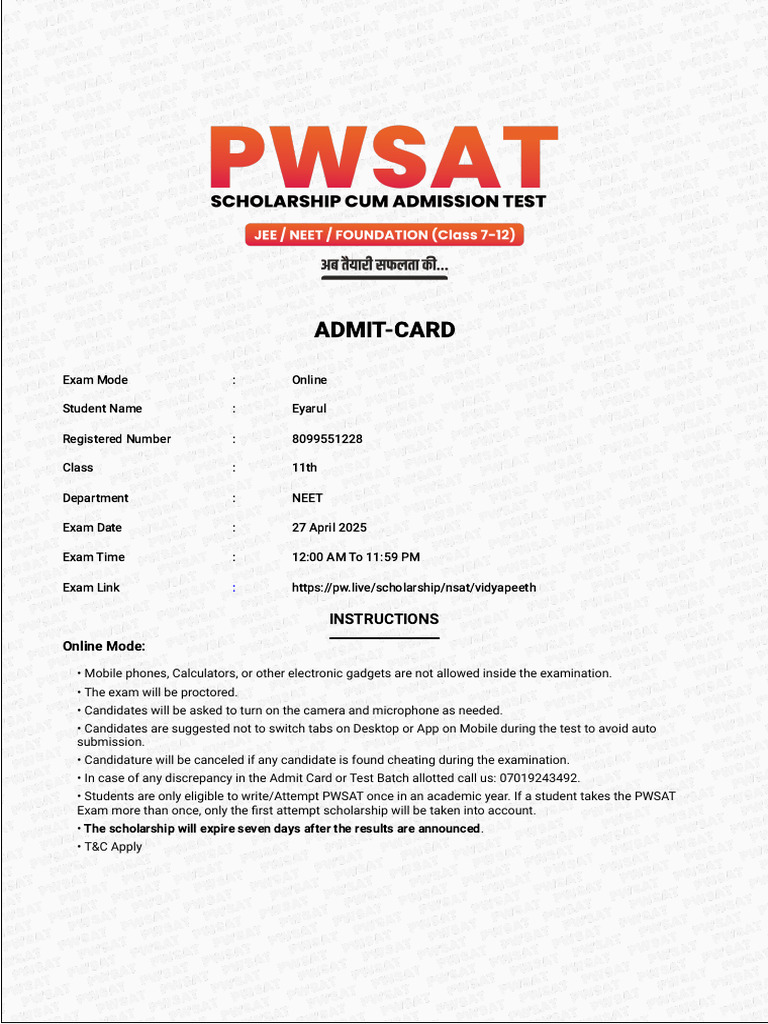 NEET Exam Admit Card Instructions 2025 | PDF