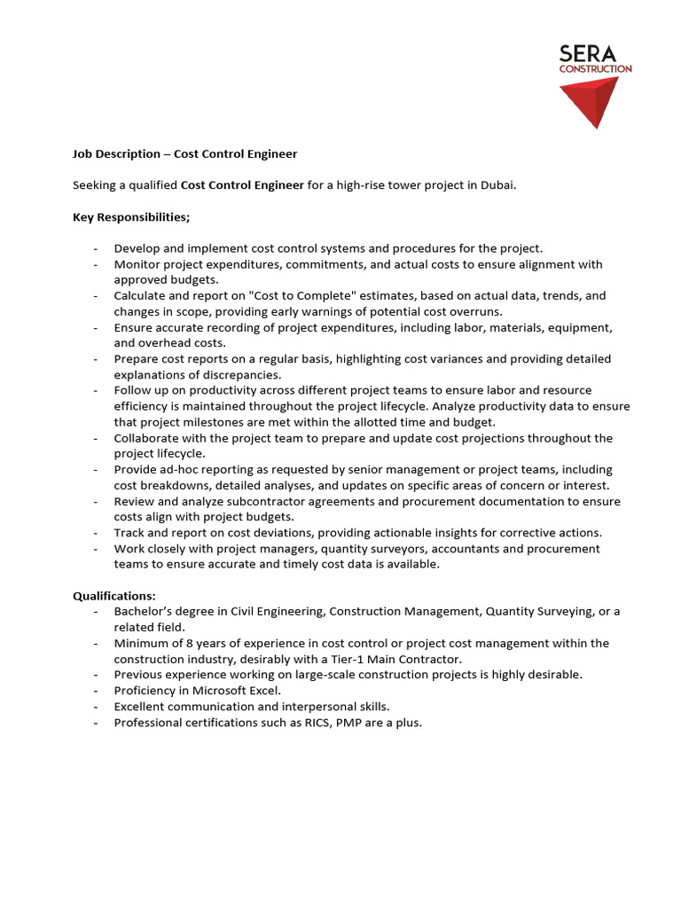 Cost Control Engineer Job in Dubai | PDF