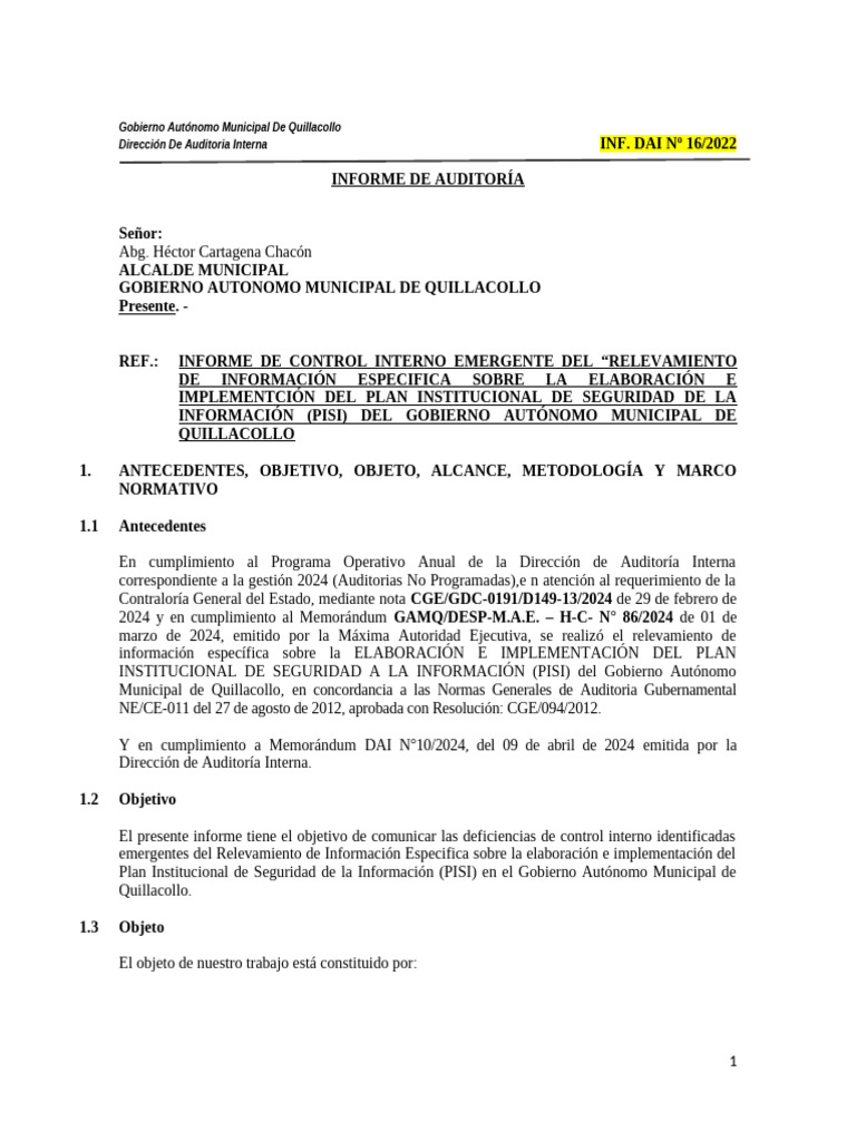 Informe de Control Interno | PDF | Seguridad de información | Auditoría