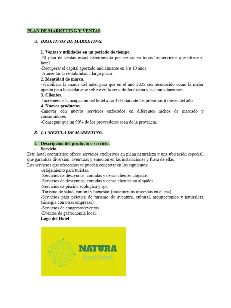 Plan de Marketing para Hotel Ecoturístico | PDF | Marketing | Business