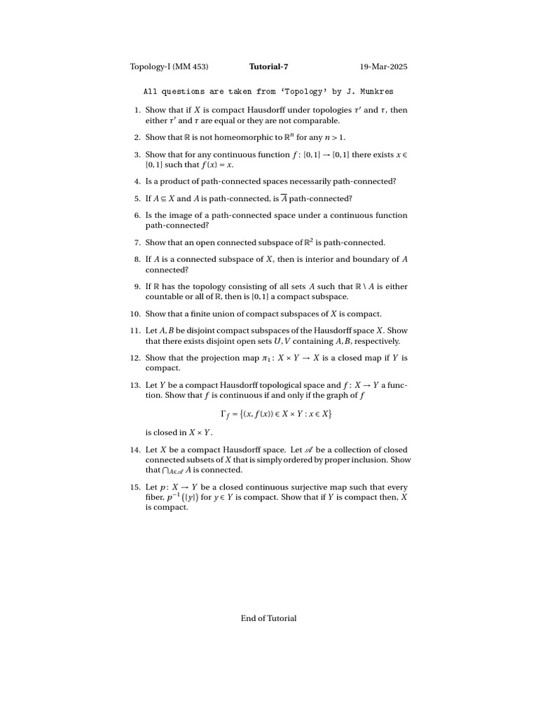 Topology I Tutorial 7 Solutions | PDF