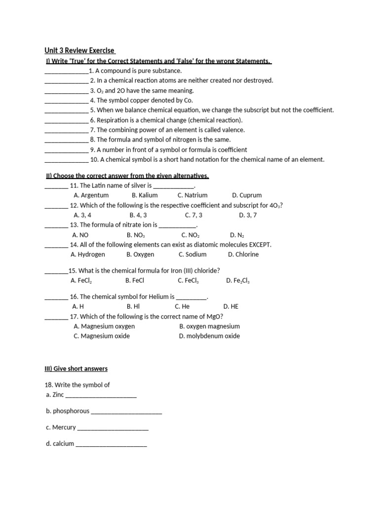 Chemistry Unit 3 Review Exercise | PDF | Hydroxide | Chemical Substances
