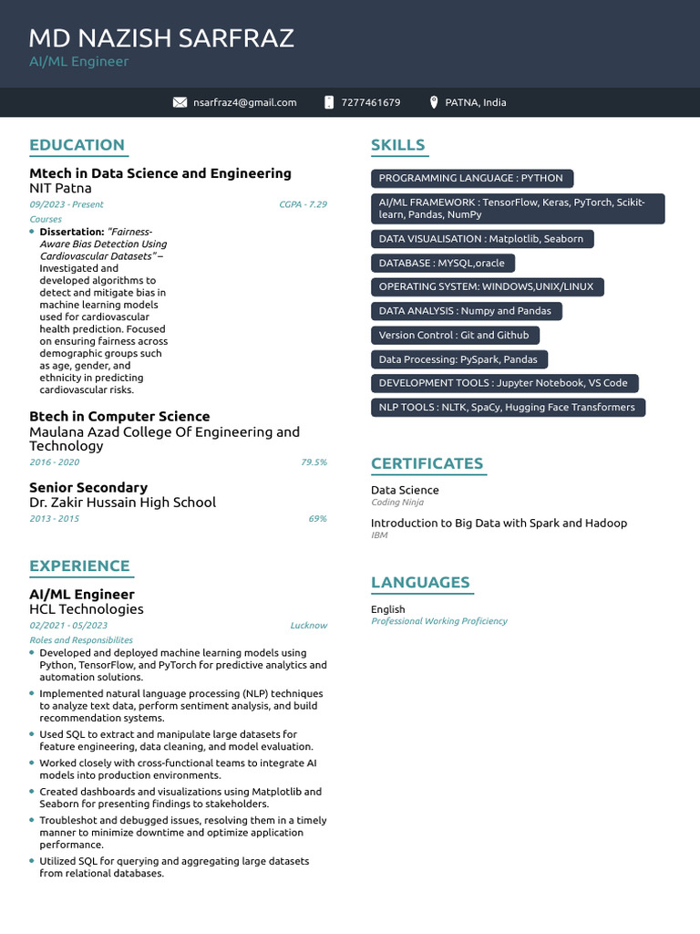 AI/ML Engineer Resume - Data Science Focus | PDF | Intelligence (AI ...