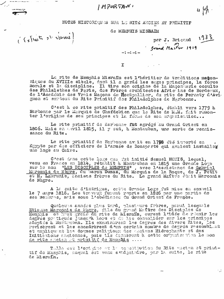 1933 - Anonymous - Notes - Historiques - Sur - Memphis-Misraim - Ms ...