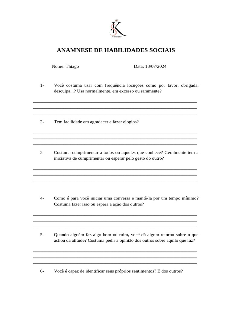 Anamnese de Habilidades Sociais | PDF | Atitude (Psicologia) | Amizade