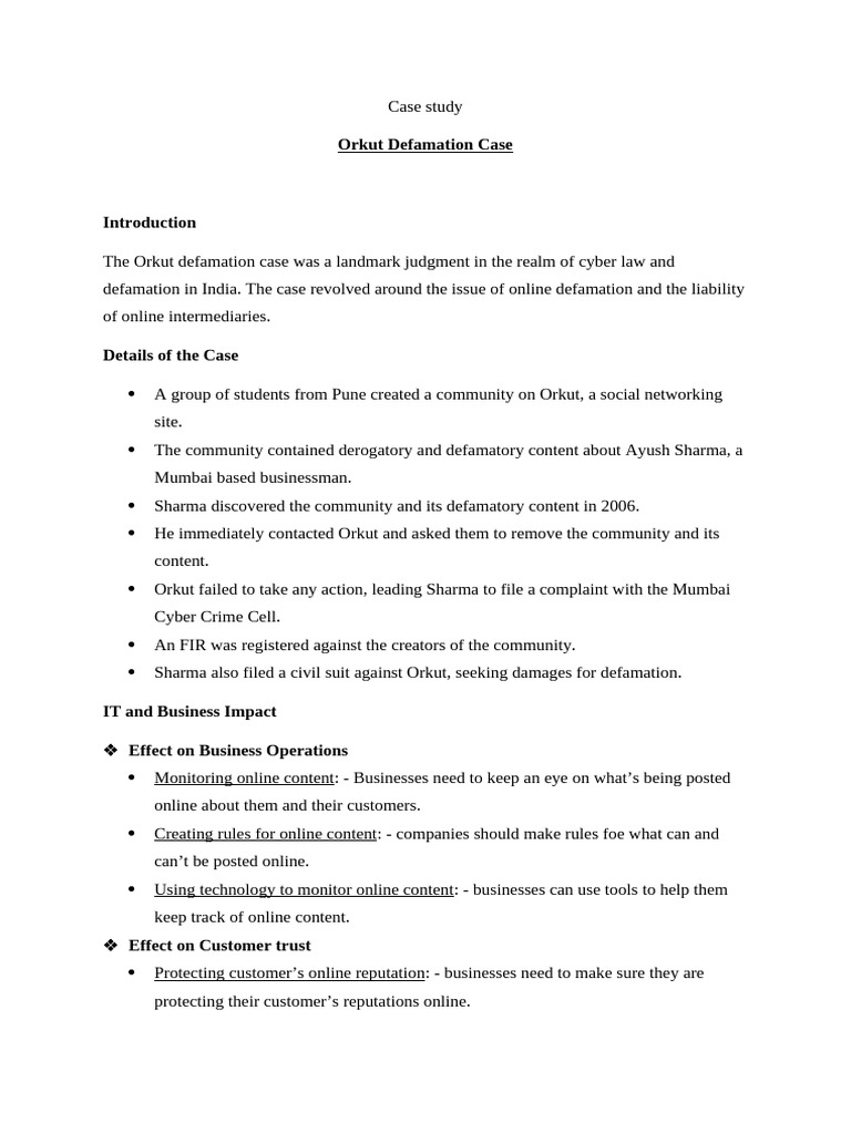 Orkut Defamation Case Study in India | PDF | Defamation | Due Diligence