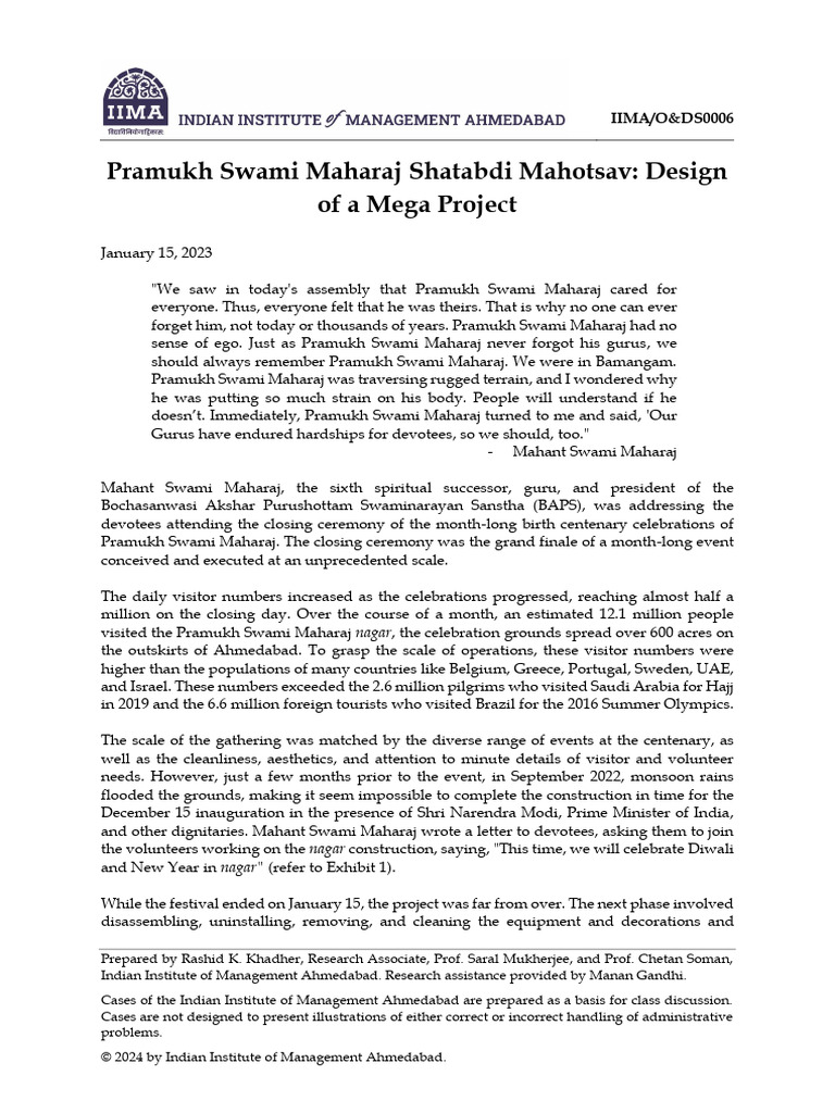 1 Pramukh Swami Maharaj Shatabdi Mahotsav Design of A Mega Project | PDF