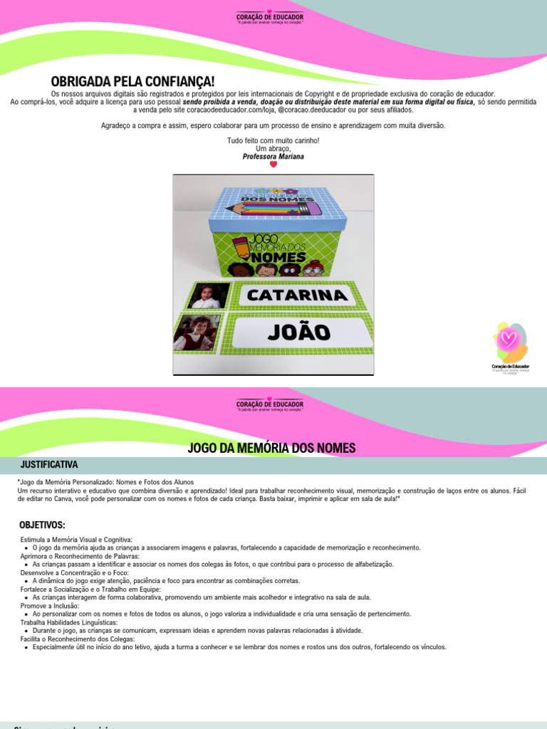Jogo Da Memória Dos Nomes | PDF | Aprendizado | Alfabetização