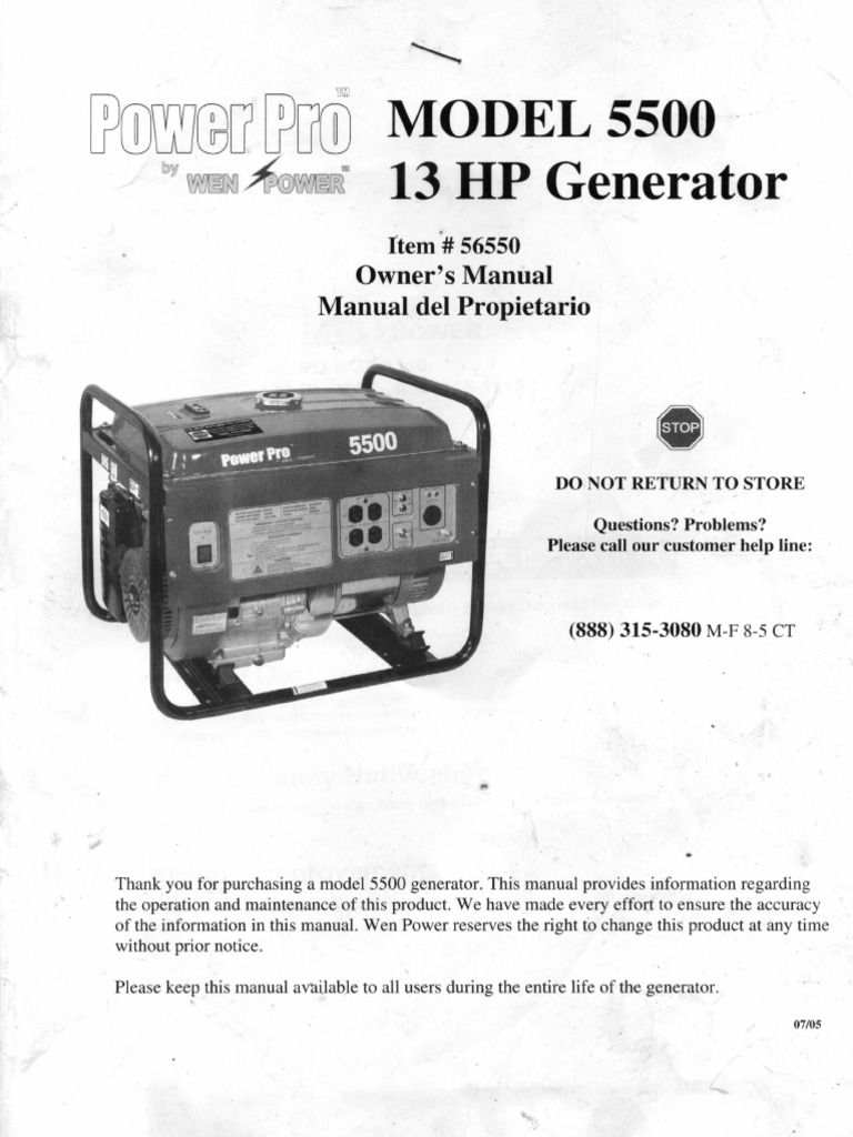 POWER PRO Model 5500 13HP Generator Owners Manual | Car | Cars Of Japan