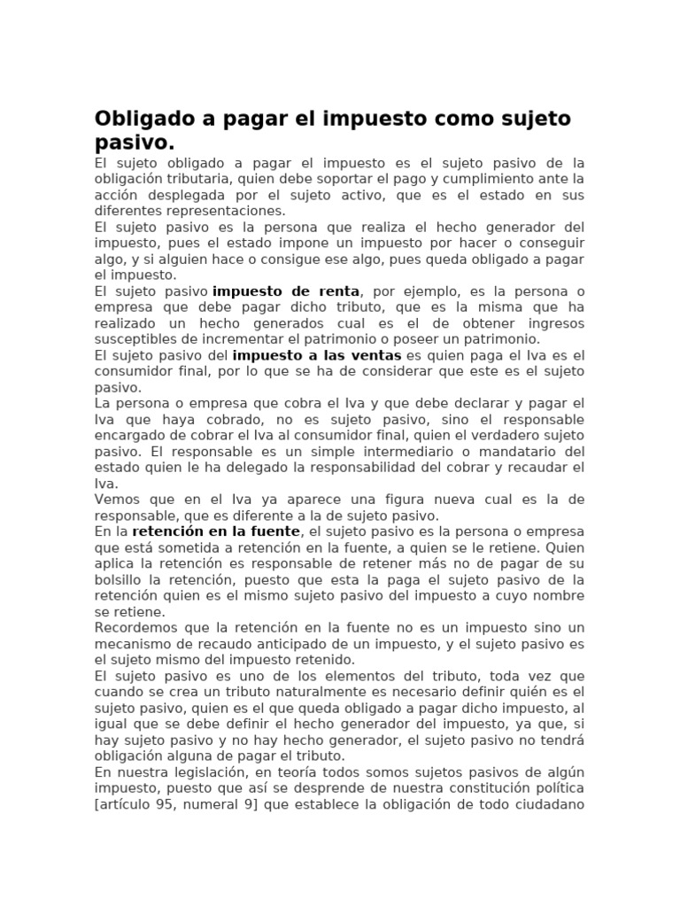 Obligado A Pagar El Impuesto Como Sujeto Pasivo | PDF | Impuestos ...