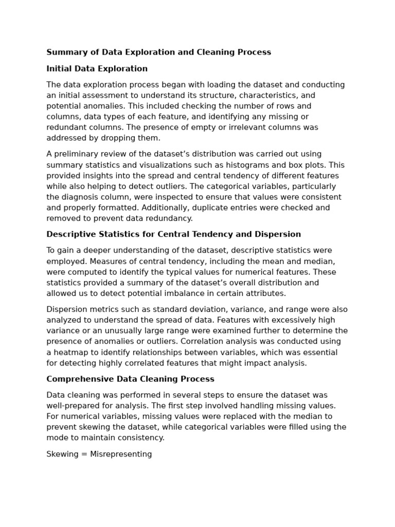 Summary of Data Exploration and Cleaning Process Initial Data ...