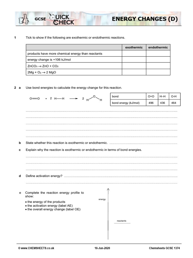 Chemsheets GCSE 1374 QC Energy Changes D | PDF