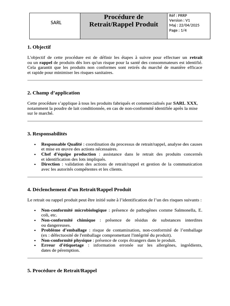 Procédure de Retrait/Rappel Produit SARL | PDF