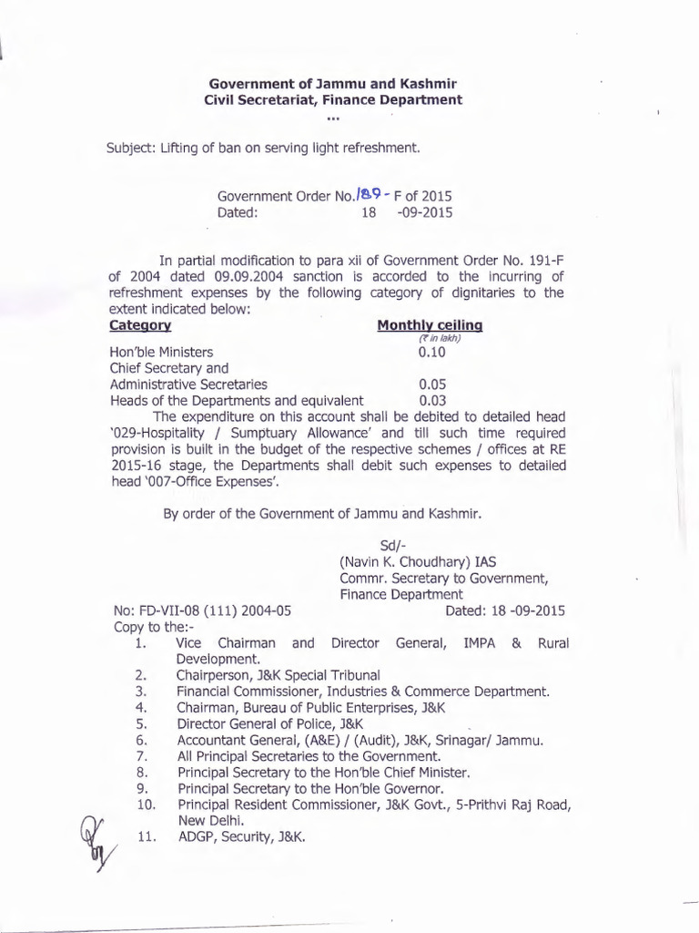 Refreshment Expenses Order for J&K Govt | PDF | Government Of India ...
