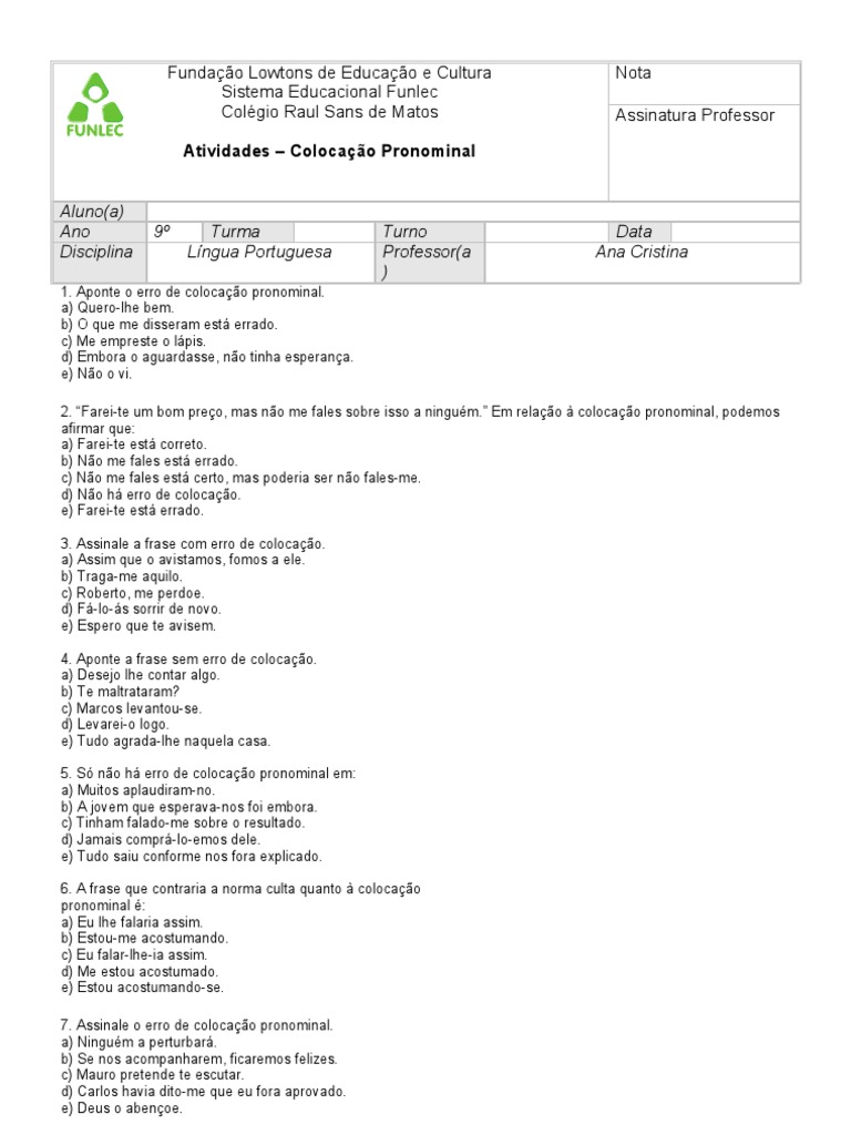 Atividades de Colocação Pronominal 9º Ano | PDF