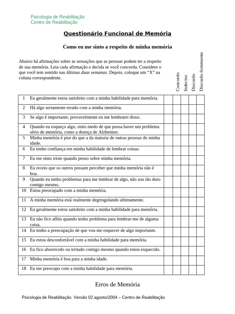 Avaliação da Memória Funcional | PDF | Memória | Psicologia