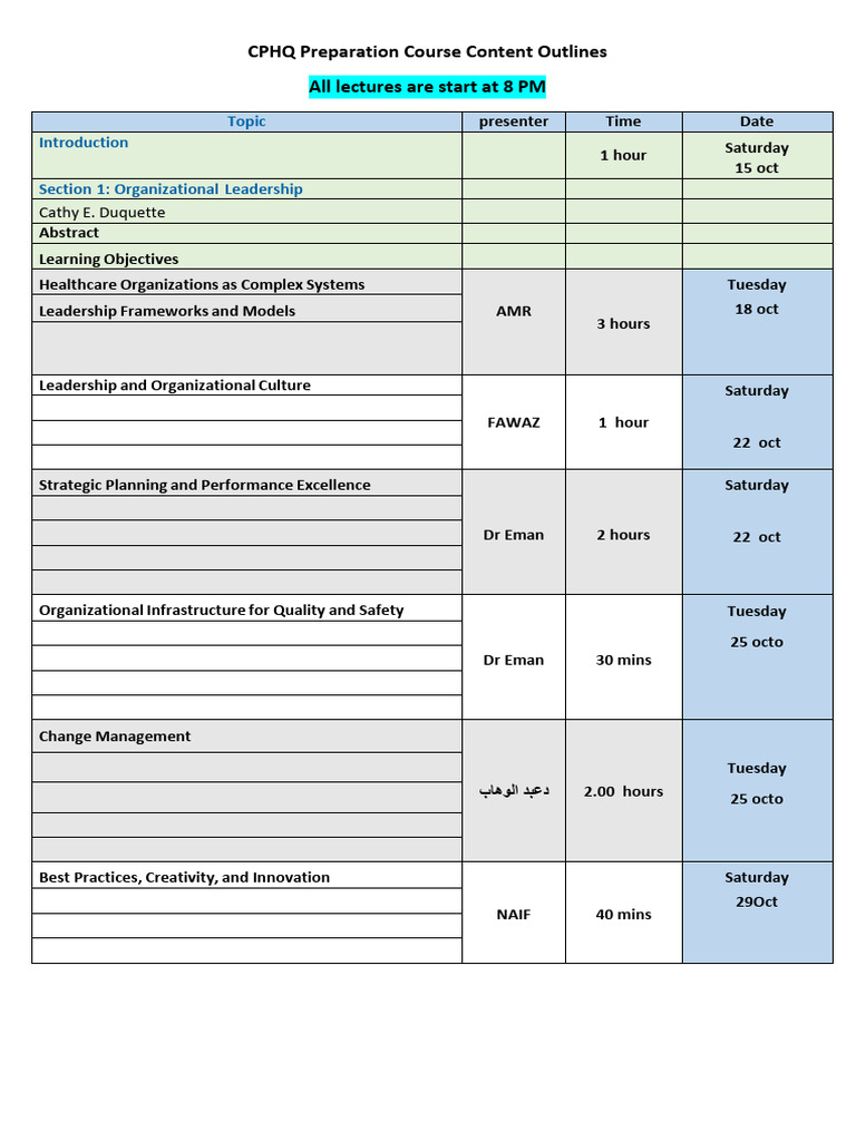 CPHQ Exam Prep Course Schedule | PDF | Leadership | Strategic Planning