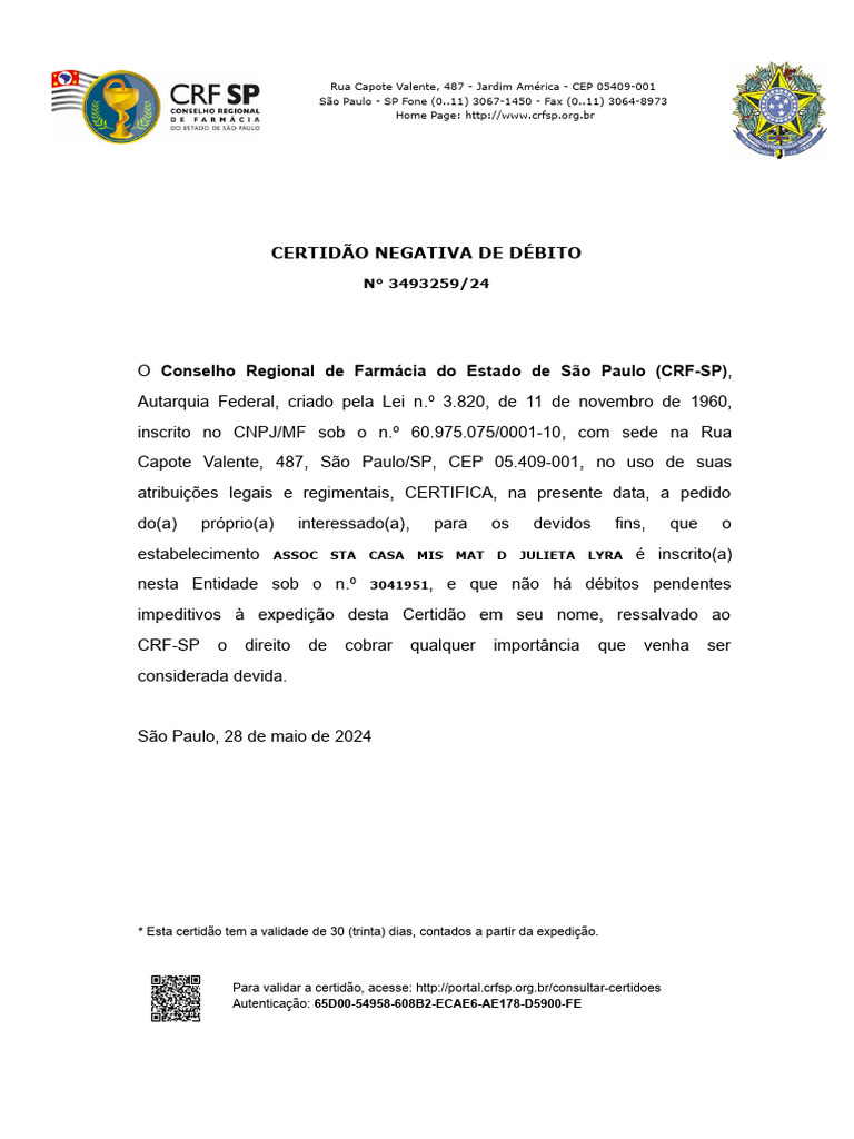 Certidão Negativa de Débito CRF-SP | PDF