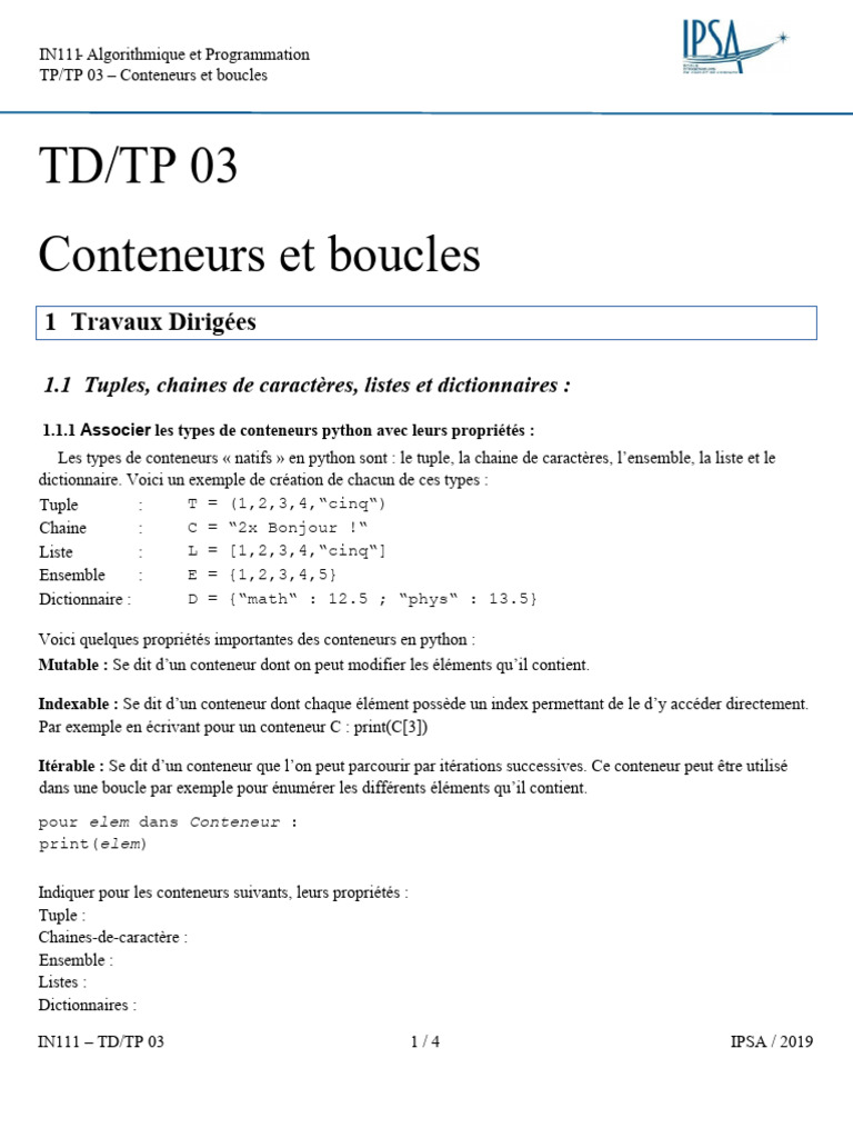 Conteneurs et Boucles en Python | PDF | Python (Langage de ...