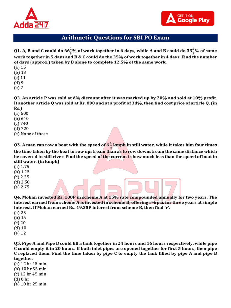 SBI PO Arithmetic Questions Overview | PDF | Interest | Speed