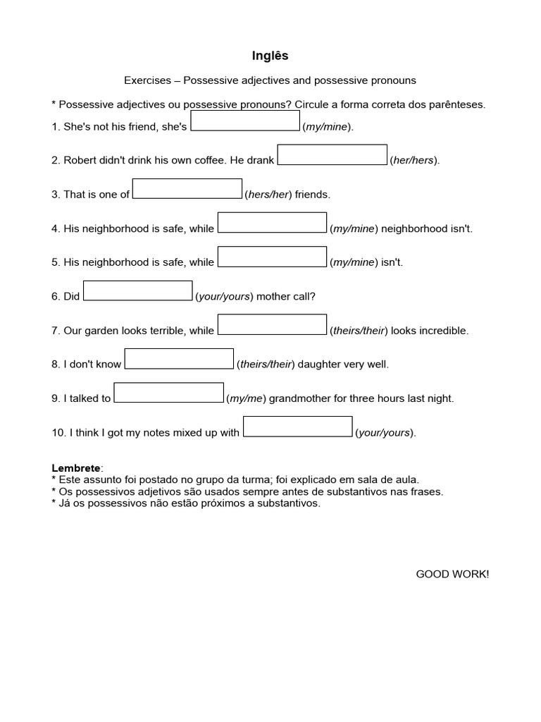 Possessive Adjectives and Pronouns Exercises | PDF