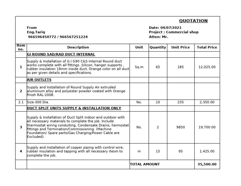 Commercial Shop Duct Installation Quotation | PDF
