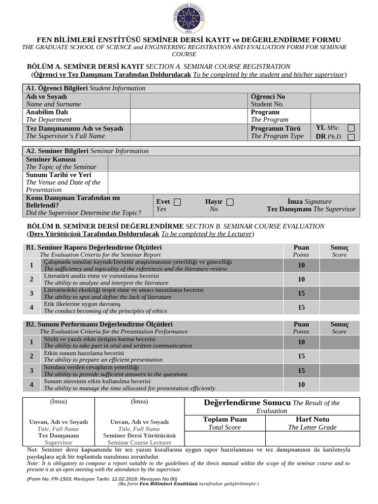 FR-1503-FBE Seminer Dersi Kayıt Ve Değerlendirme Formu (GSSE ...
