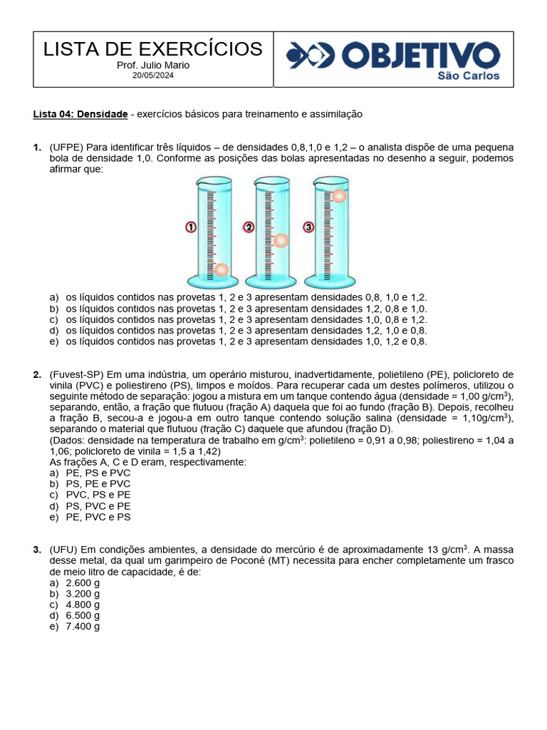 Exercícios sobre Densidade para 9º Ano | PDF | Densidade | Materiais