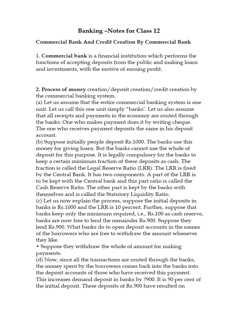 Class 12 Banking: Credit Creation Explained | PDF | Banks | Central Banks